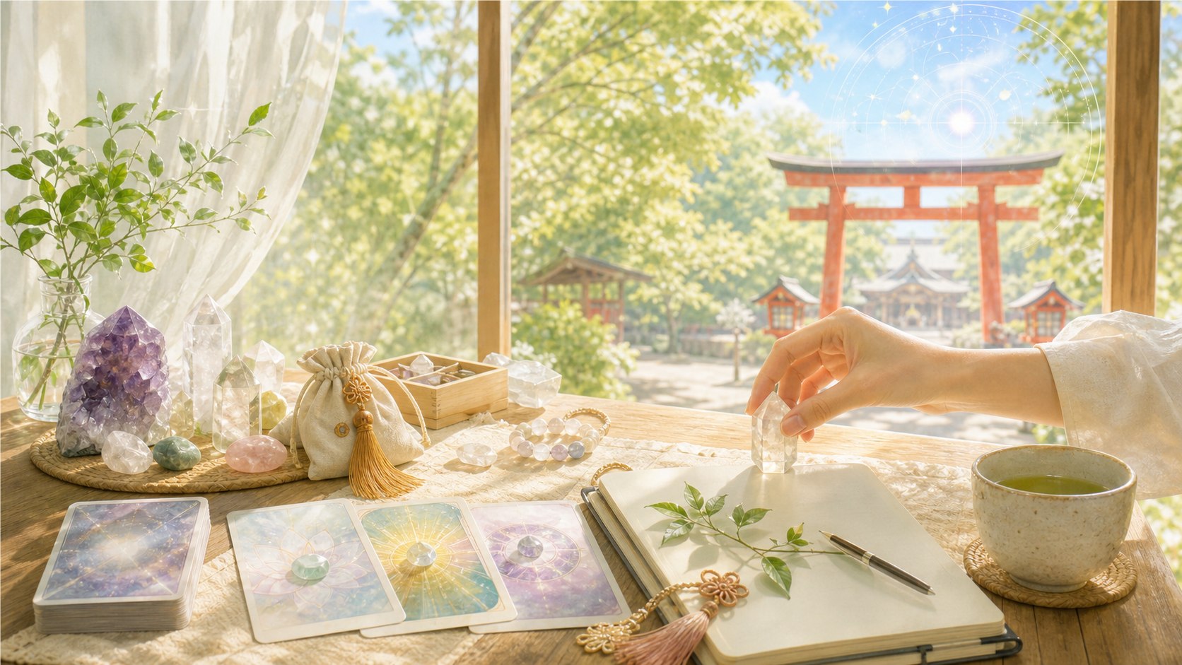 クリスタルやカードや神社の景色で現代日本のスピリチュアルを表す明るい水彩イラスト