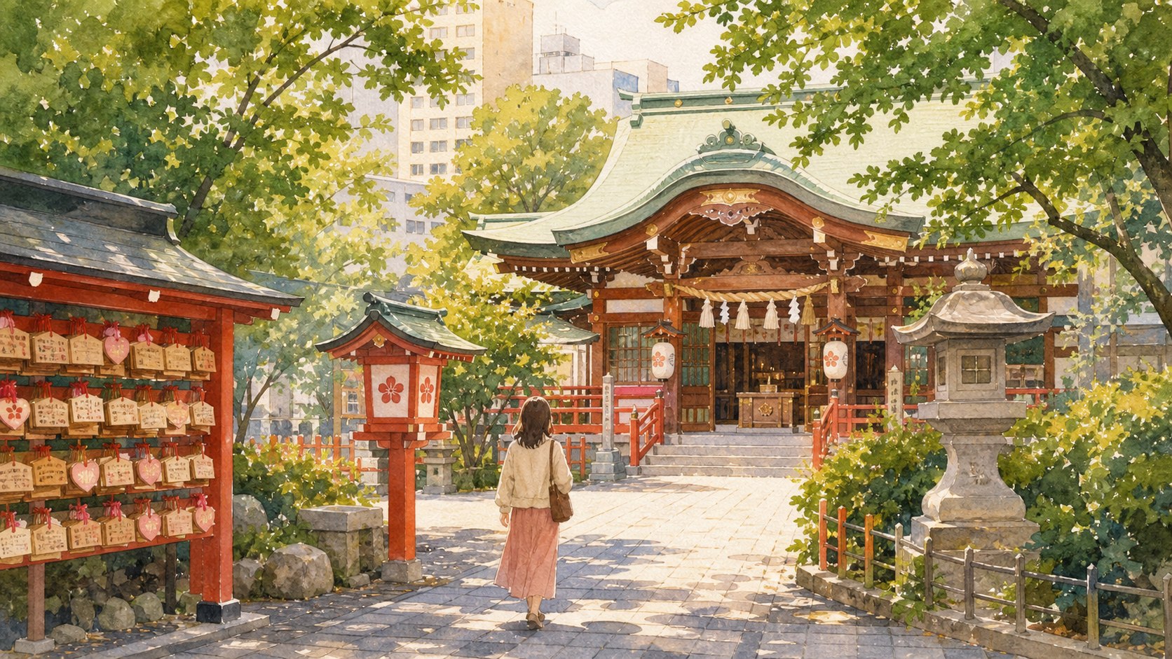 生田神社をイメージした神戸の街中にある縁結びの神社の水彩イラスト