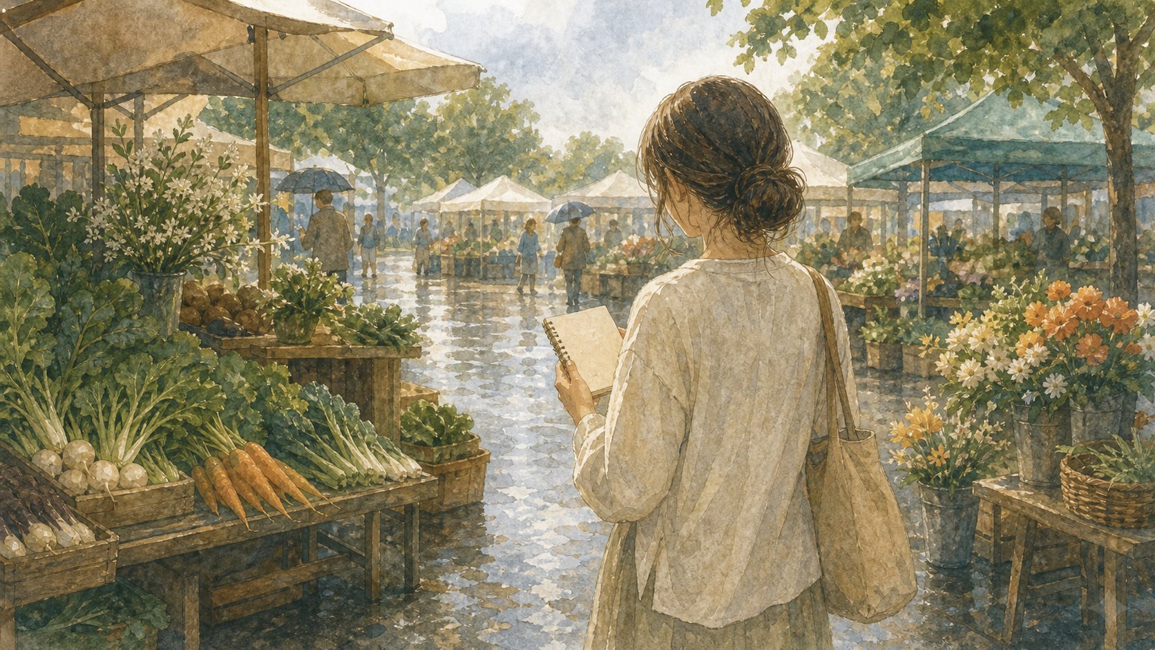 雨上がりの市場でノートを持って歩く人物