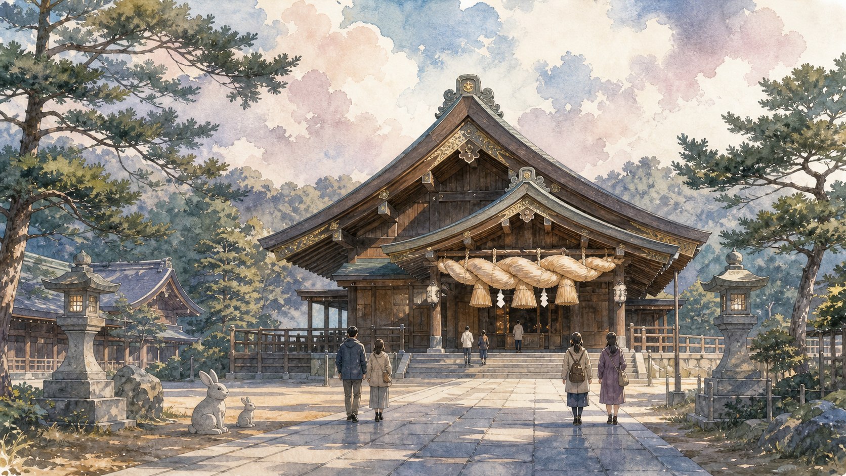出雲大社をイメージした大しめ縄と広い境内の水彩イラスト
