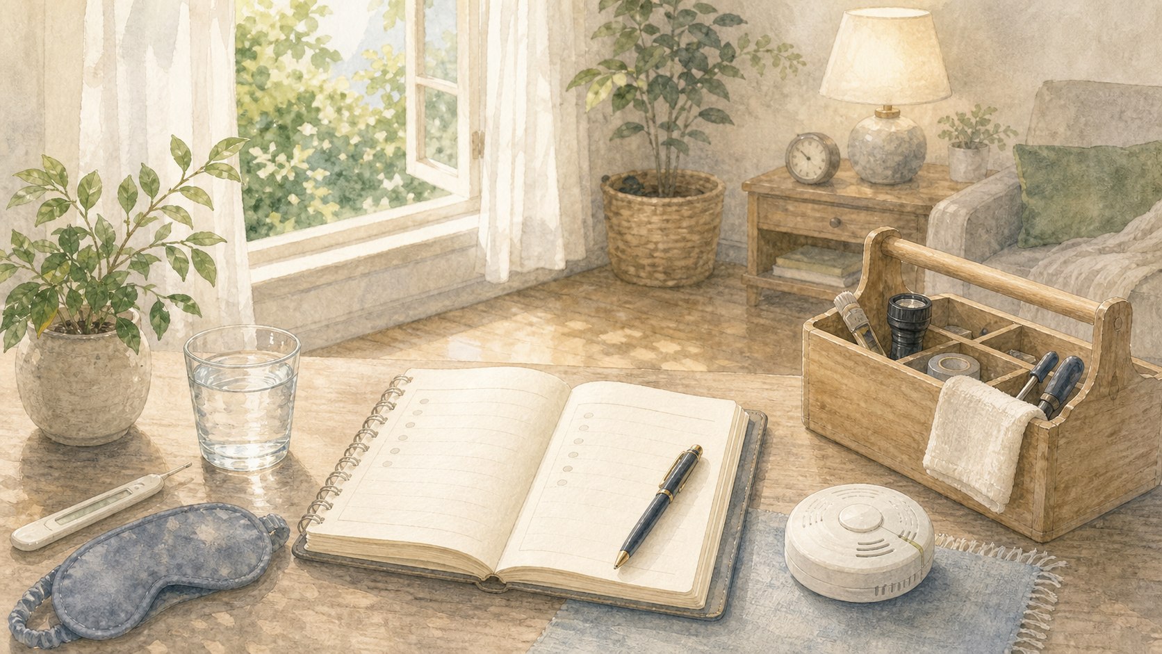 除霊を考える前に生活や住まいを確認する水彩イラスト