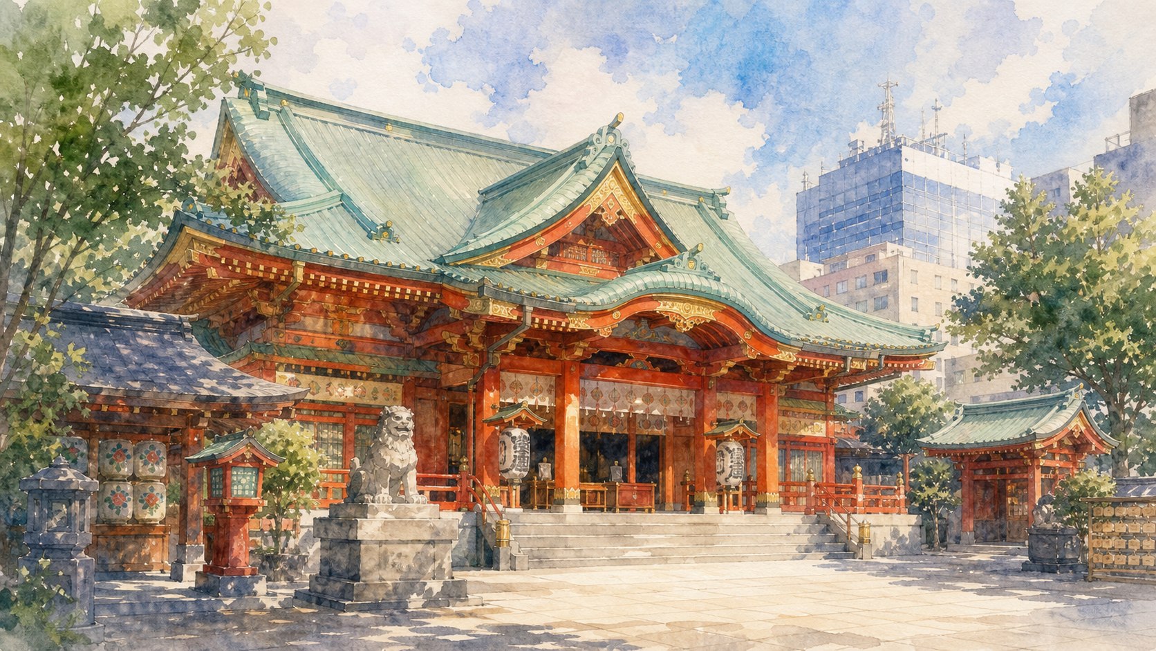 神田明神の朱色の社殿を描いた水彩イラスト