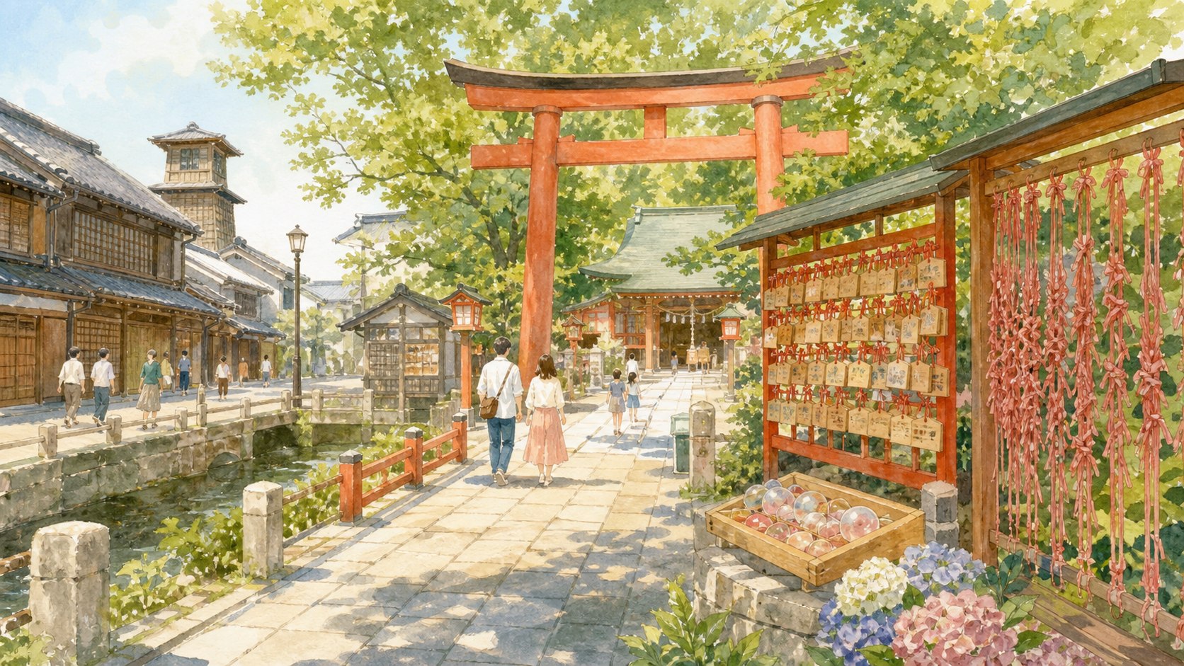 川越氷川神社をイメージした縁結びの参道と絵馬の水彩イラスト