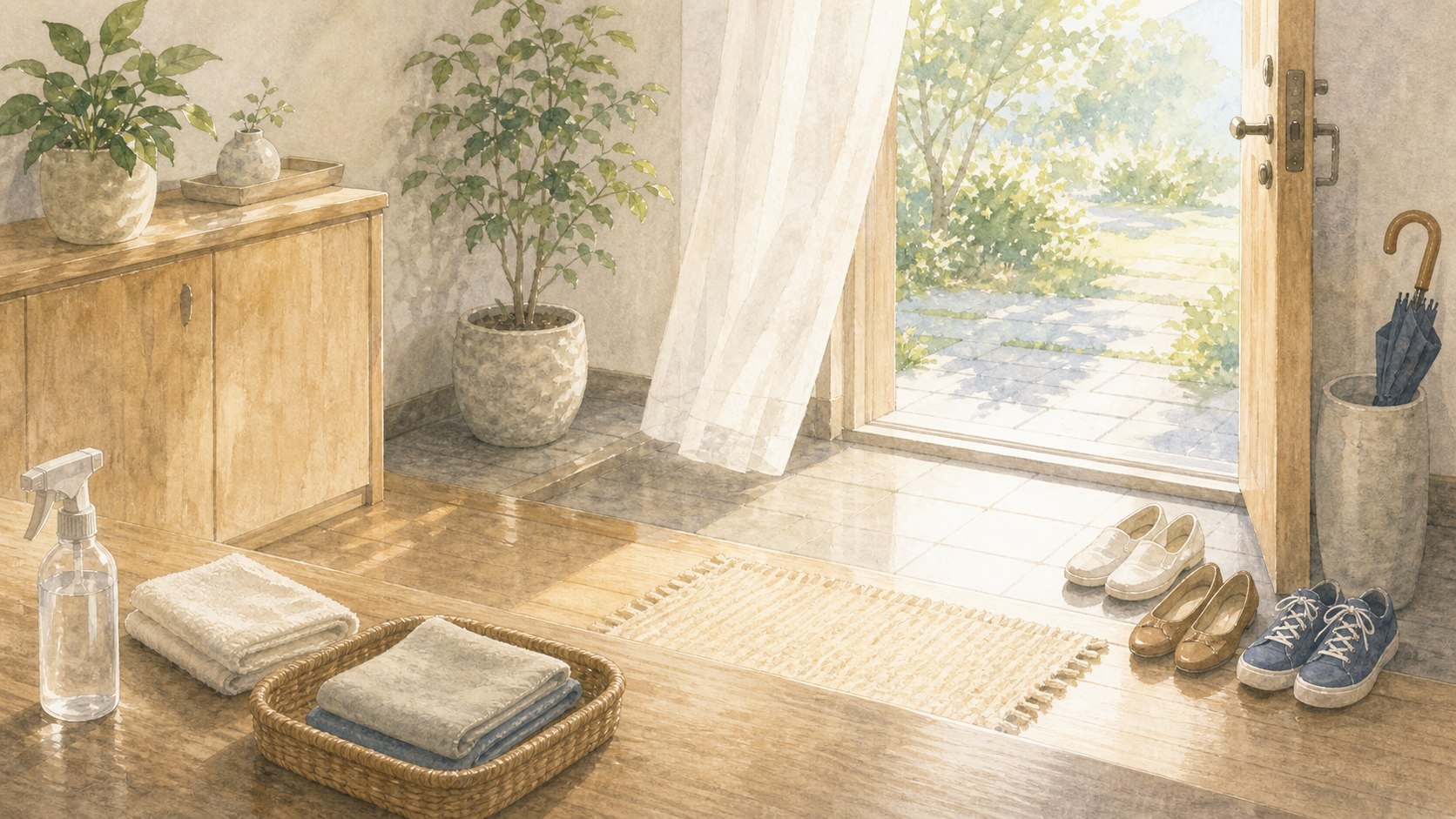日常で結界を作るために玄関と部屋を整える水彩イラスト