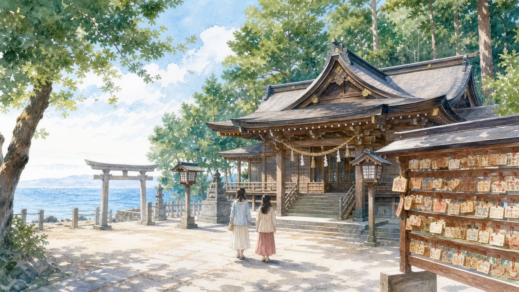 氣多大社をイメージした森と海辺の空気を感じる神社の水彩イラスト