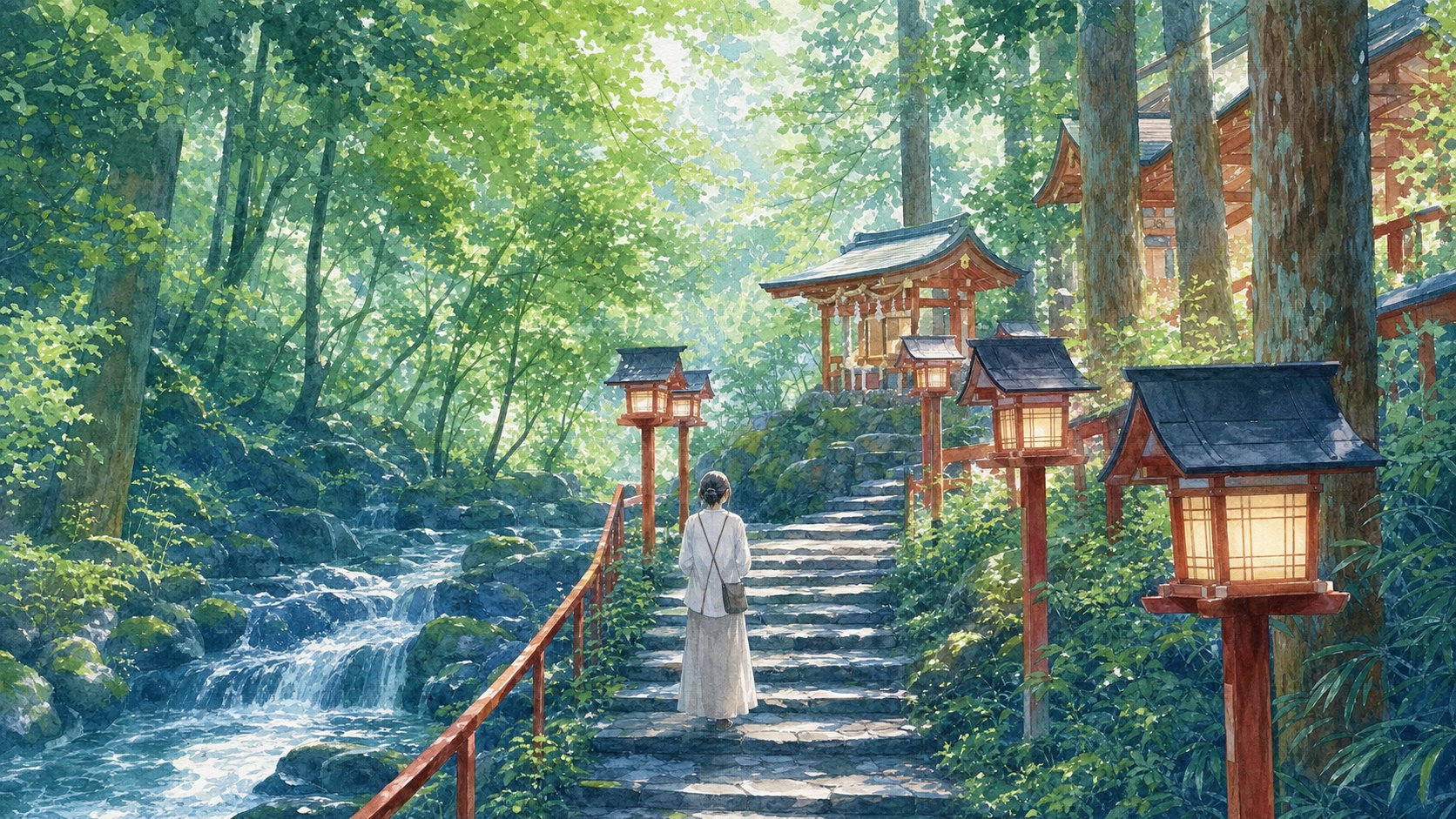 貴船神社の結社をイメージした山あいの参道と灯籠の水彩イラスト