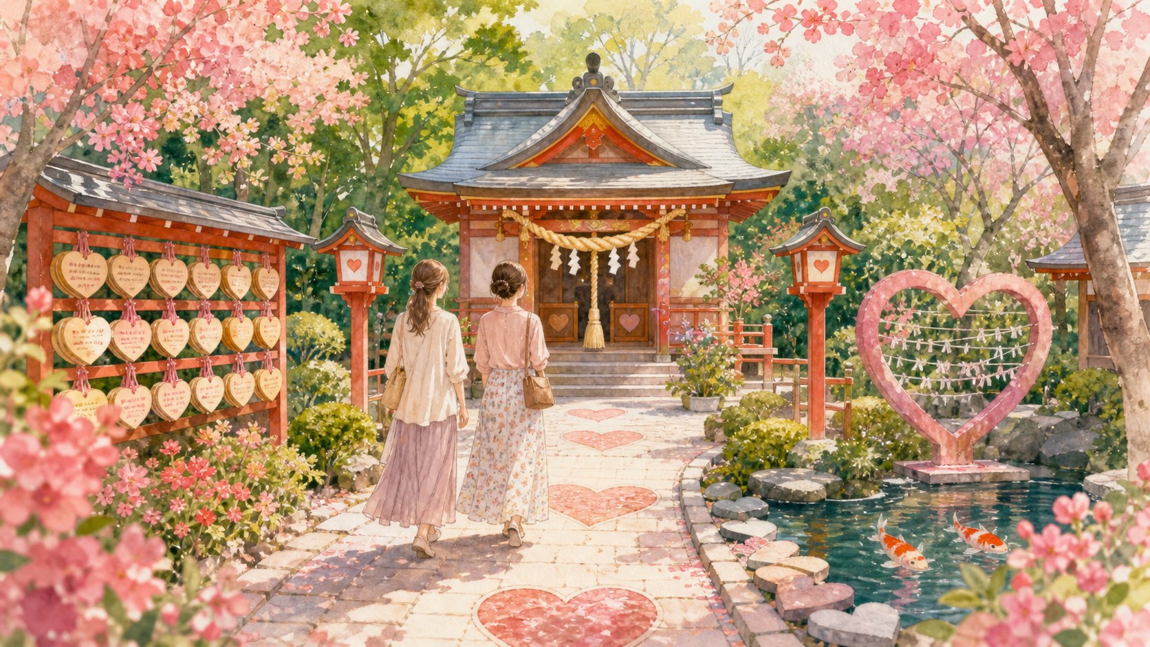 恋木神社をイメージしたハートモチーフと縁結びの参道の水彩イラスト