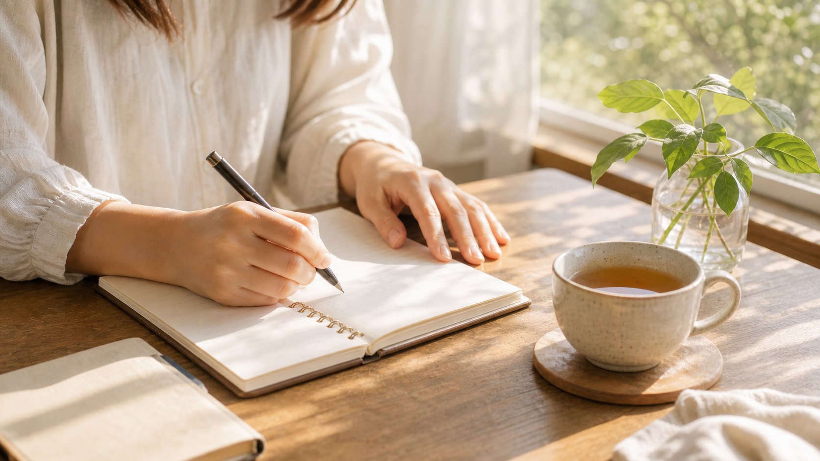 窓辺でノートとお茶を前に行動を書き出す手元