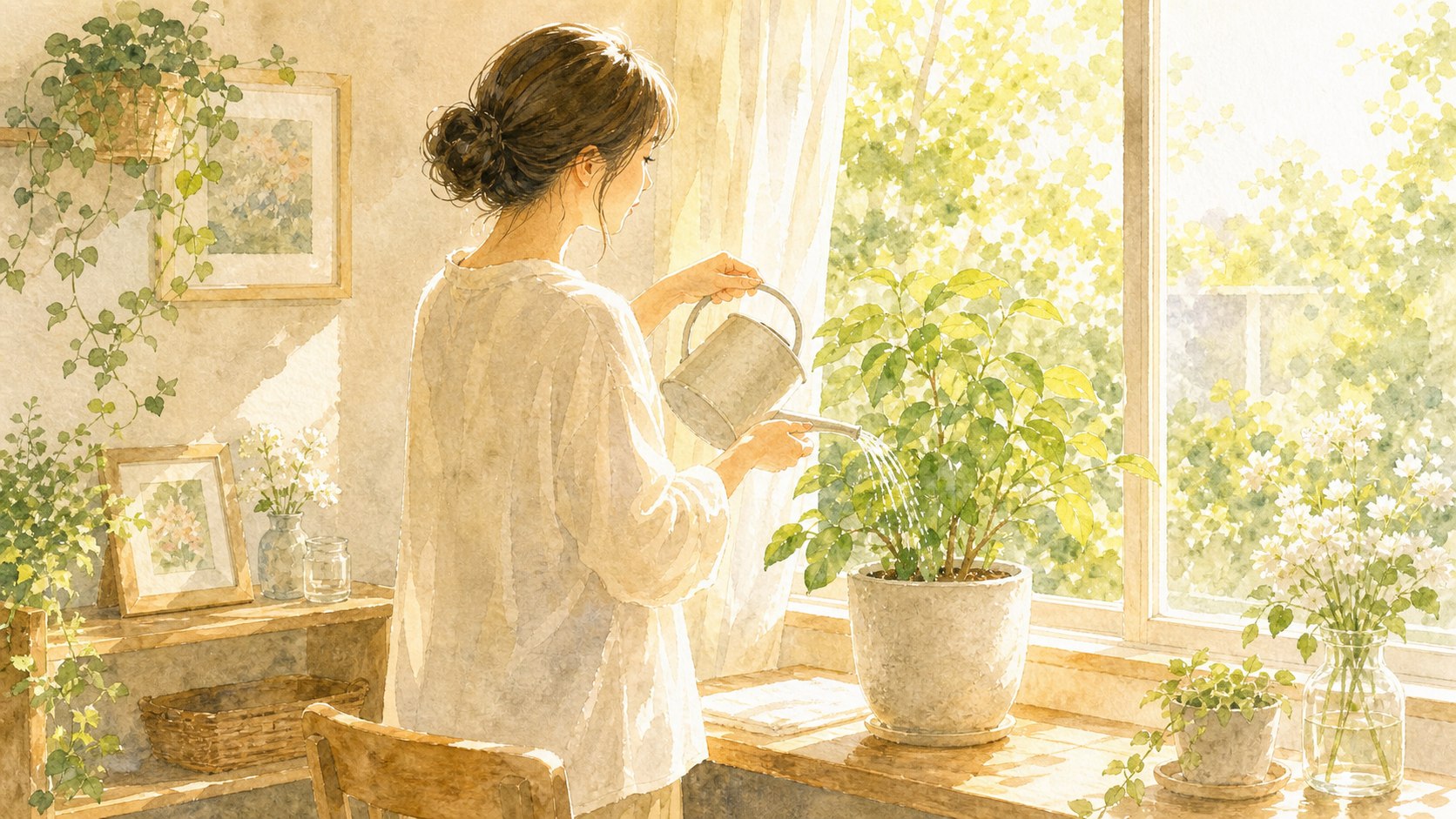 明るい部屋で植物に水をあげる人