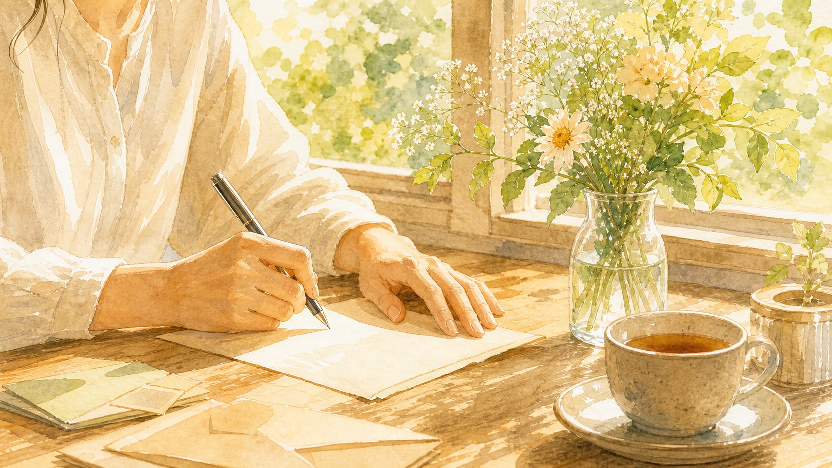 窓辺で手紙を書き花を添える手元