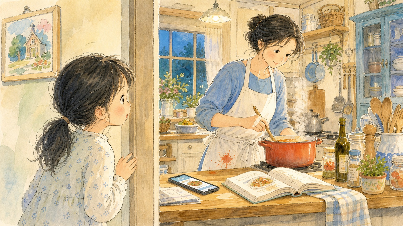 料理本とスマホを見ながら料理をする母を、女の子がそっとのぞいている挿絵