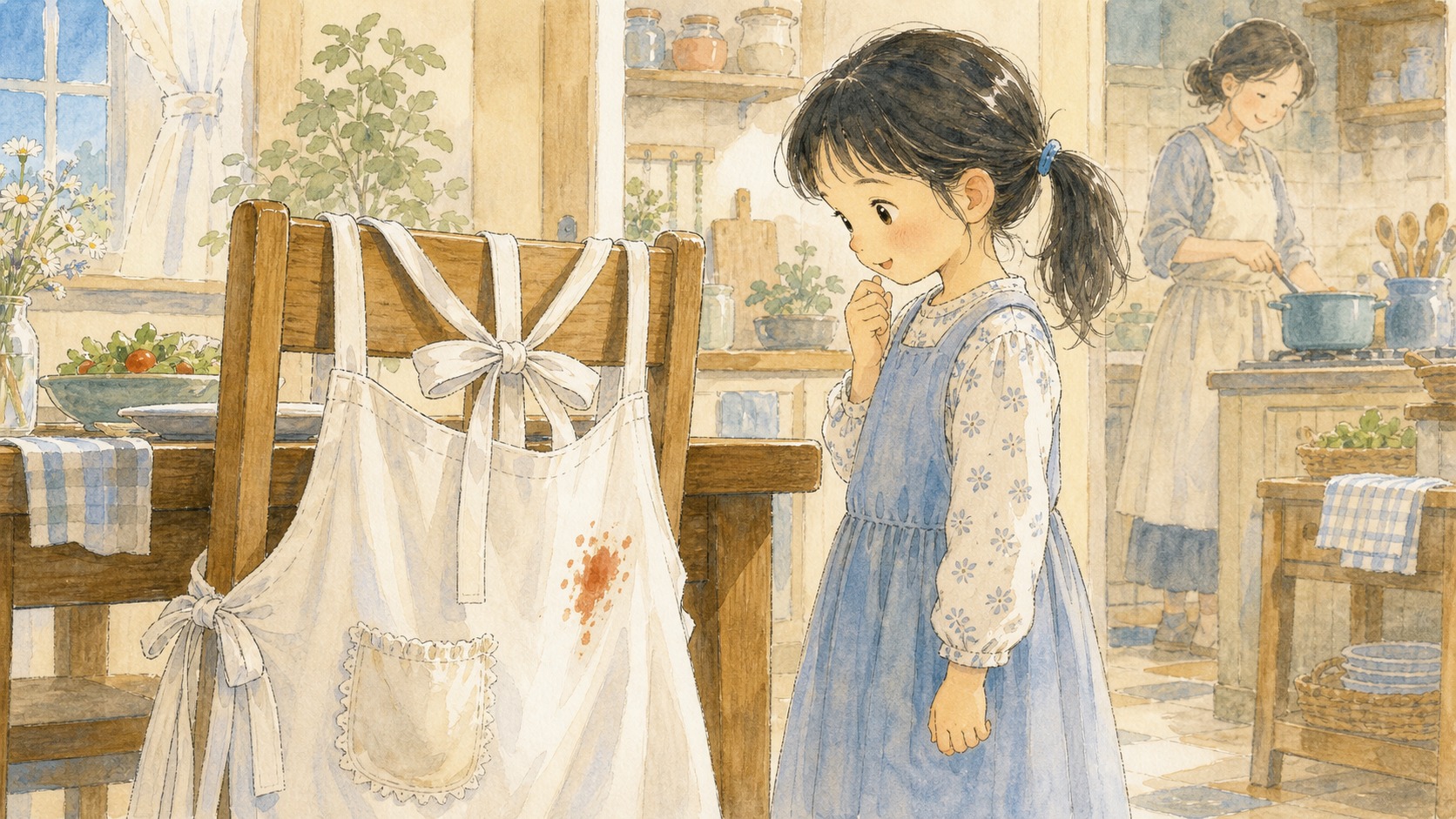 椅子にかかった白いエプロンを、女の子が不思議そうに見つめている挿絵