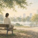 朝の公園のベンチで静かに座る人物