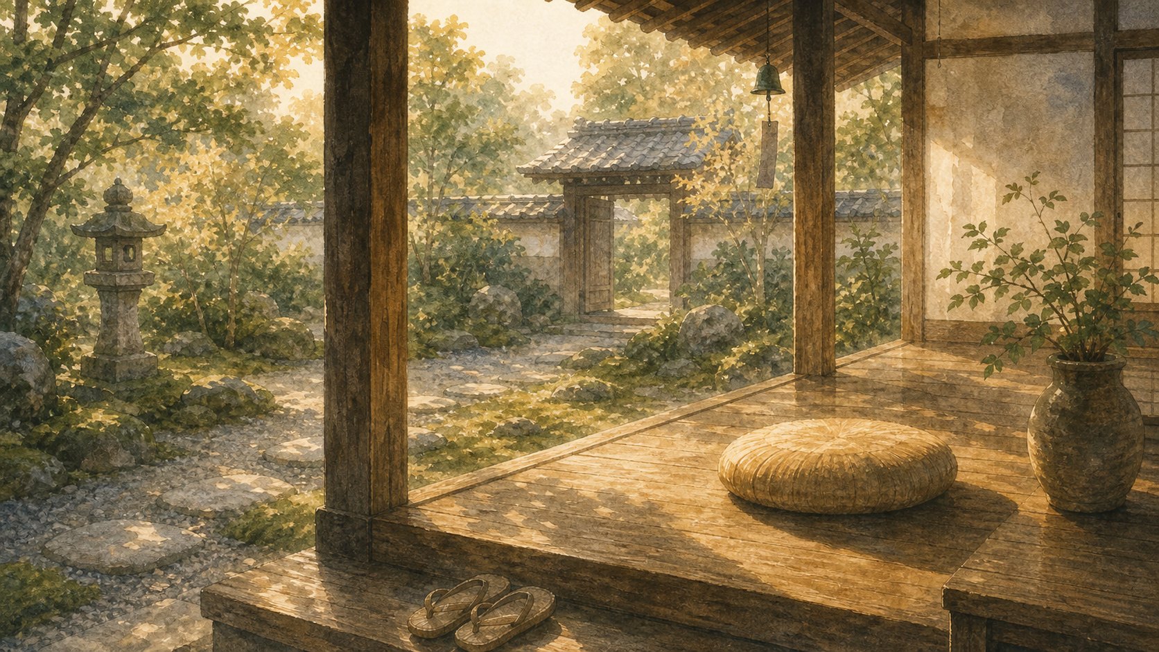 夕方の寺の縁側と庭を眺める静かな場所