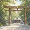 明治神宮の参道と大きな鳥居を描いたイラスト