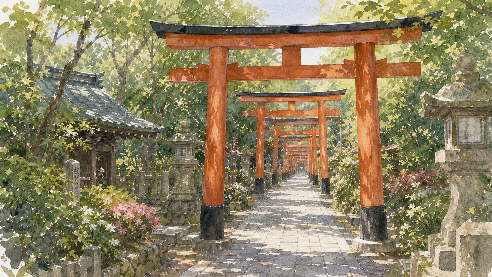 根津神社の朱色の鳥居が続く参道を描いた水彩イラスト