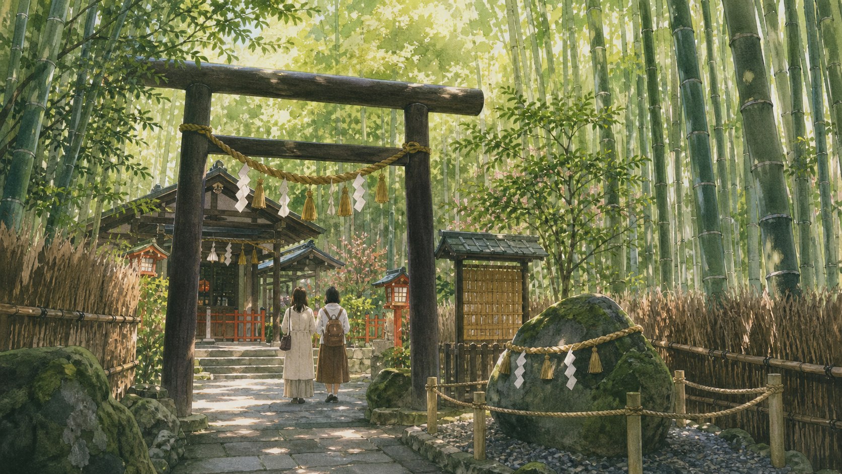野宮神社をイメージした竹林と黒木鳥居の水彩イラスト