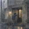 雨の中、古いビルの奥まった私設図書館へ入ろうとする男性の水彩風イラスト