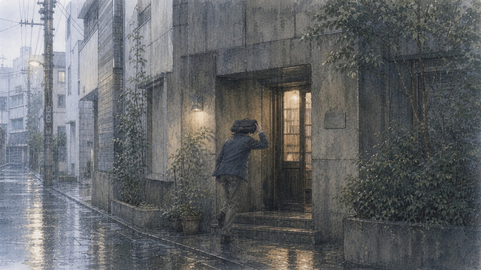 雨の中、古いビルの奥まった私設図書館へ入ろうとする男性の水彩風イラスト