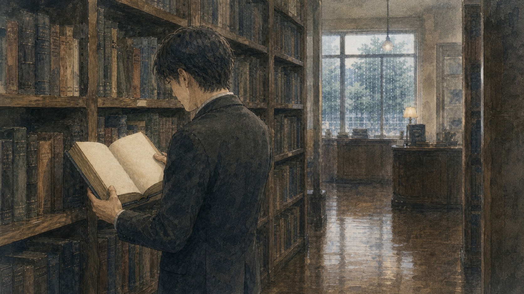 私設図書館の書架の前で、立ったまま重い本を開いて読む男性の水彩風イラスト