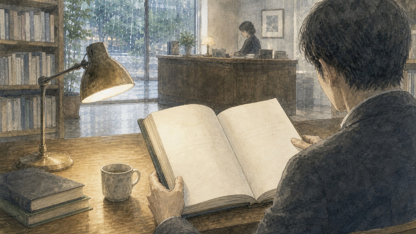 私設図書館の机で、白いページの多い重い本を開く男性の水彩風イラスト