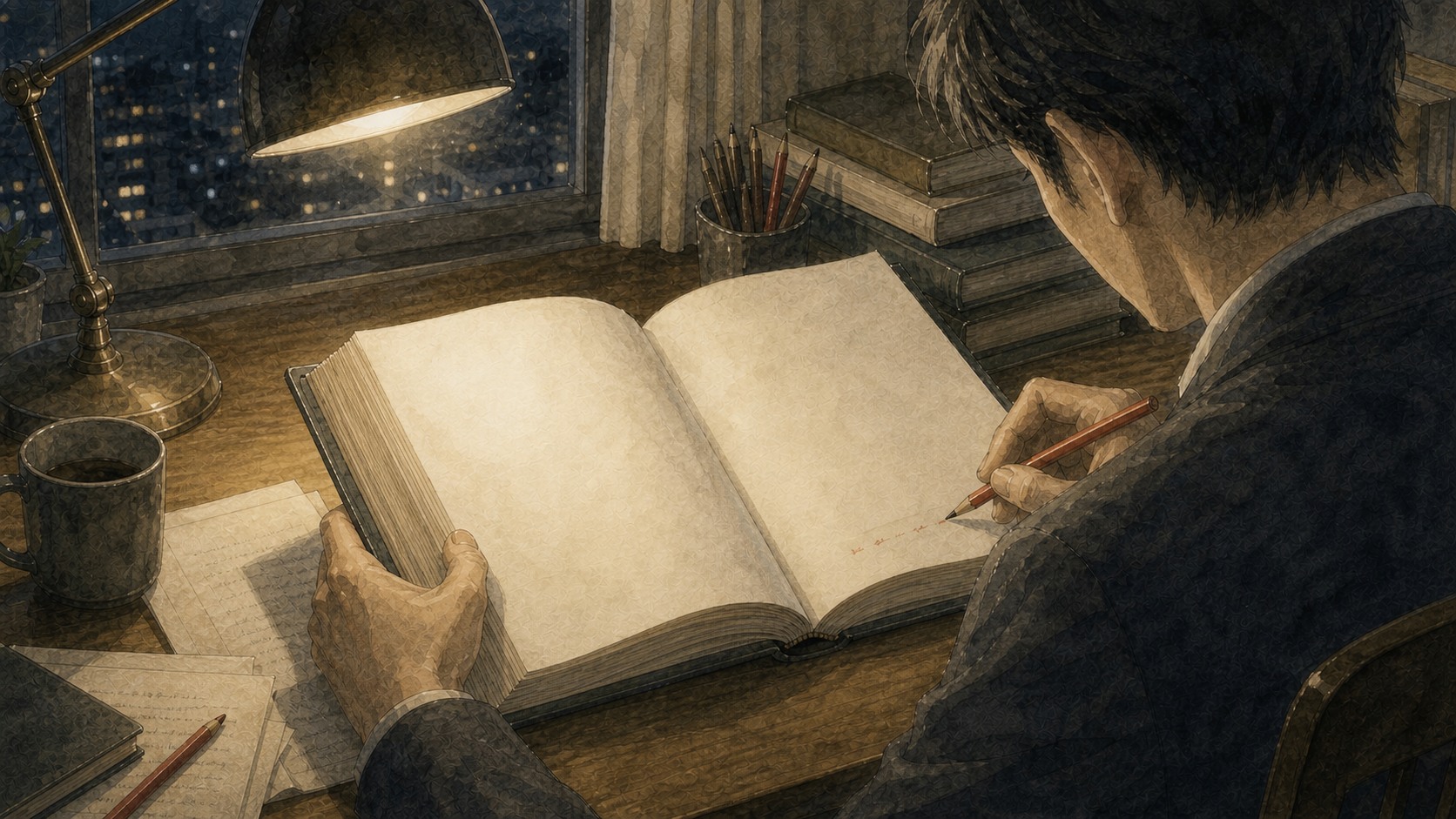 夜の机で、赤鉛筆を持って重い本の余白に薄く書き込もうとする男性の水彩風イラスト