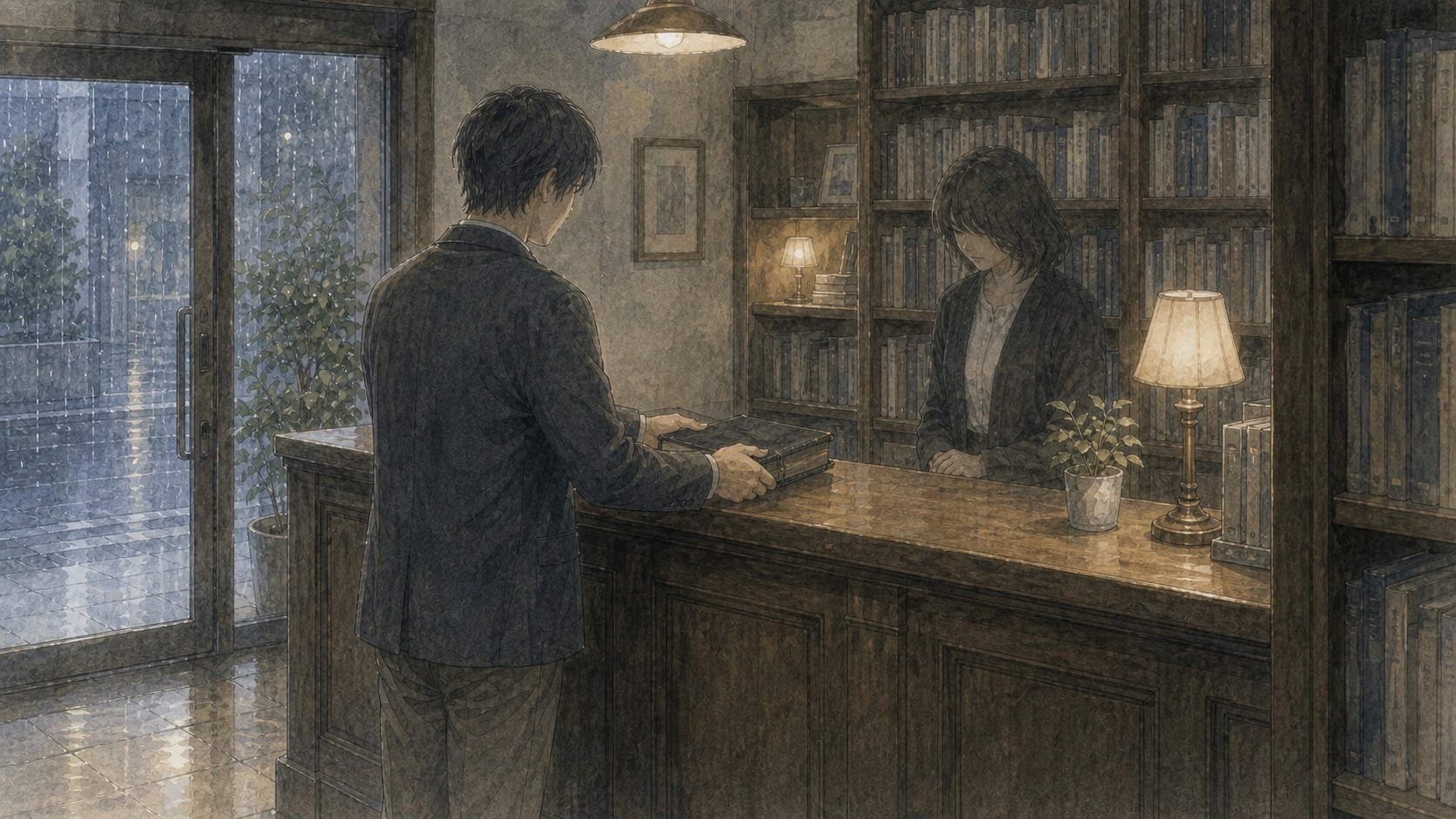 雨の日の私設図書館で、カウンターに重い本を返そうとする男性の水彩風イラスト