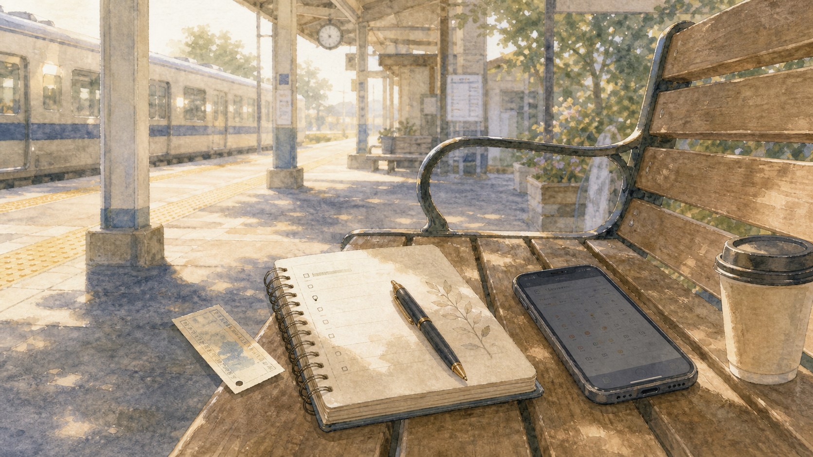 駅のベンチで偶然の一致をノートに記録する水彩イラスト