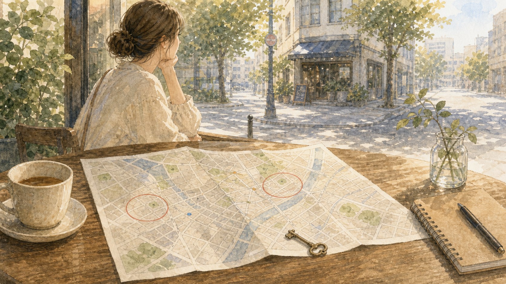 カフェの地図で気になる人や場所を整理する水彩イラスト