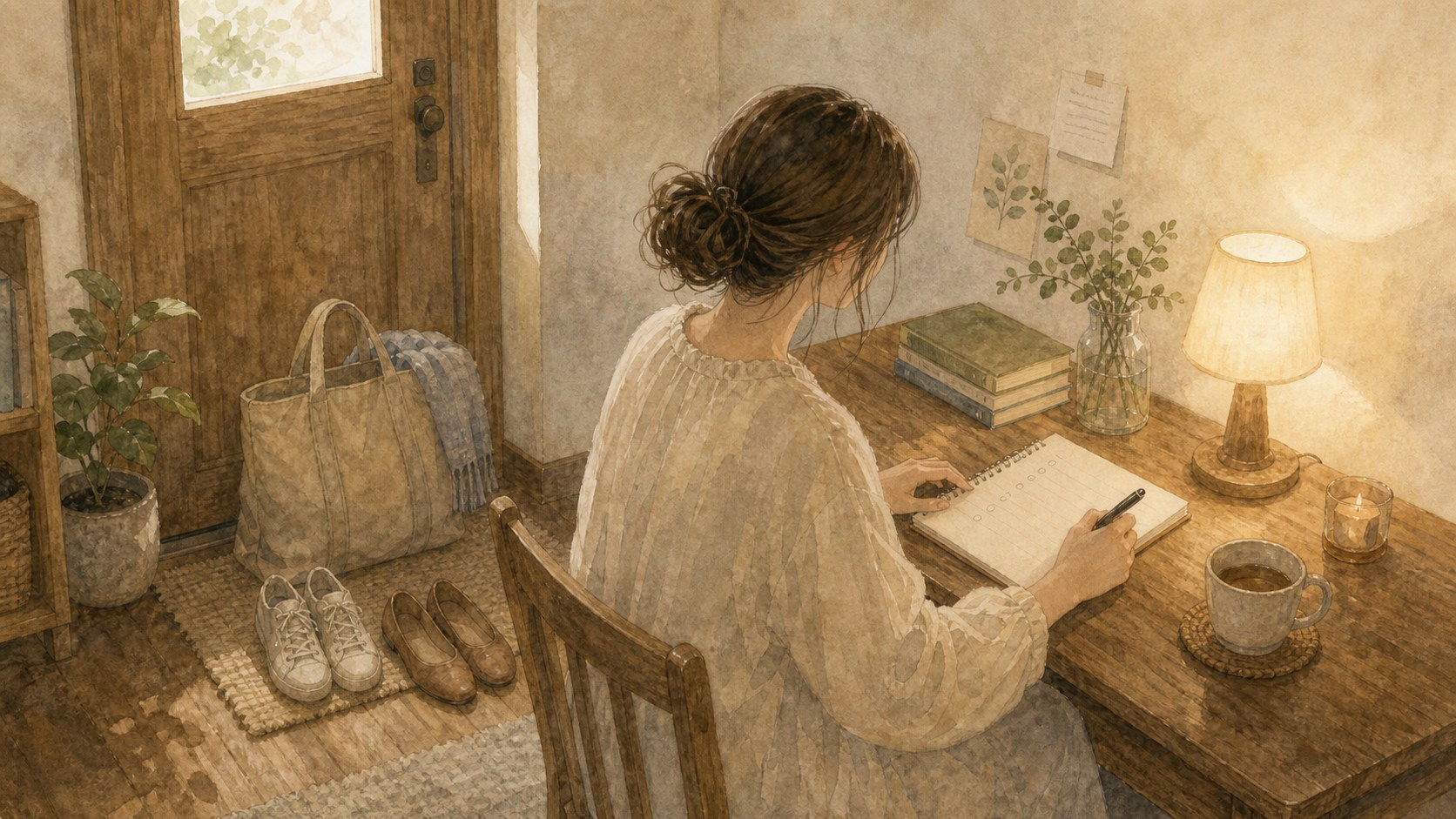 ドアの近くで小さな次の一歩をノートに書く水彩イラスト