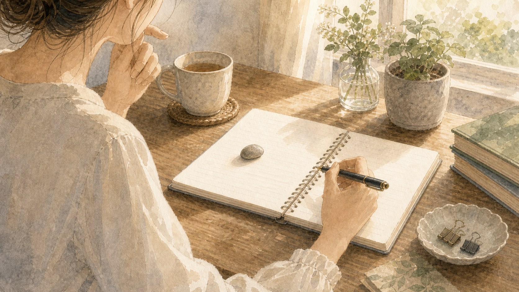 机で小さな違和感をノートに書き留める水彩イラスト