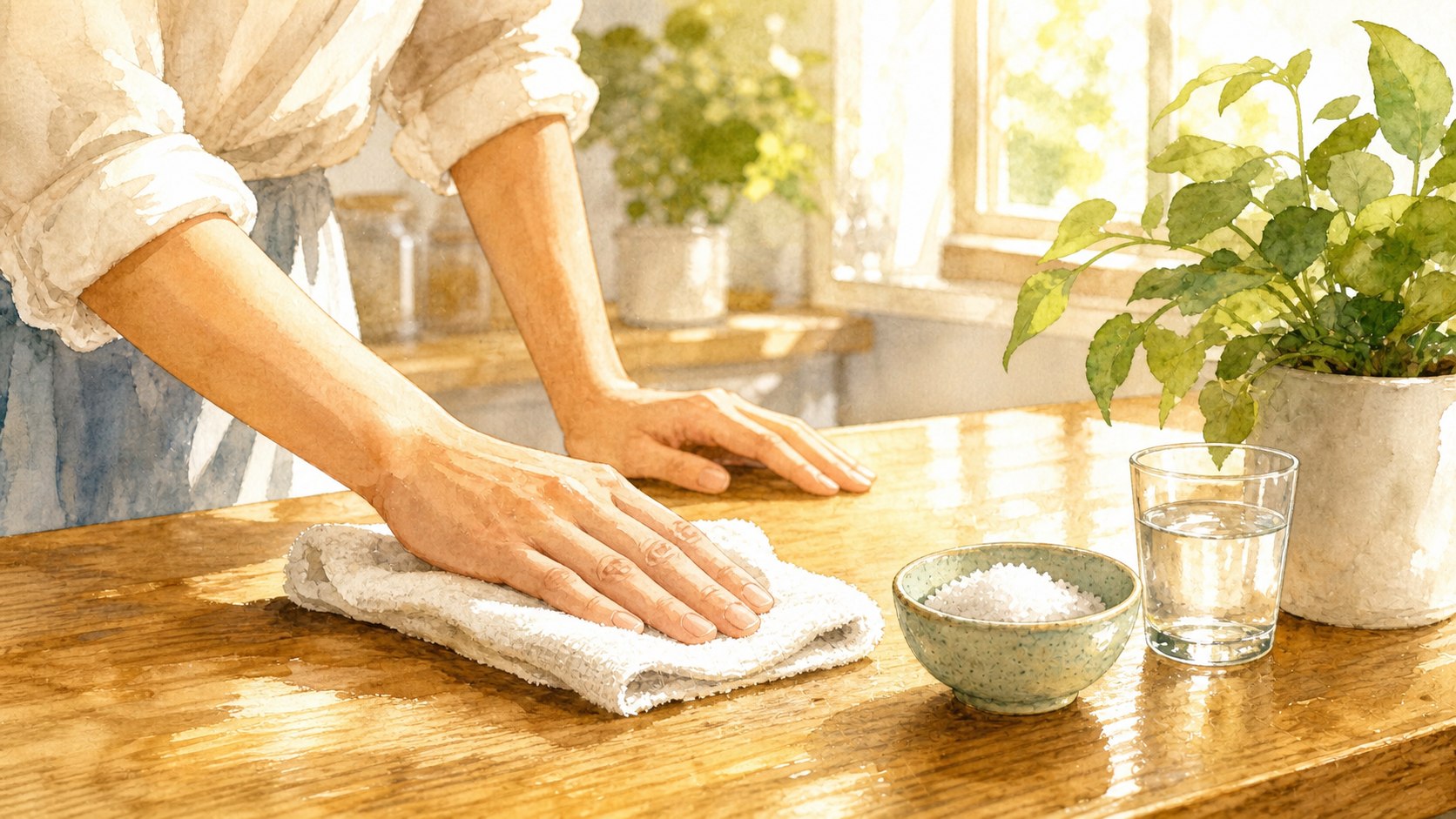 木のテーブルを布で拭く手元と塩の器と水