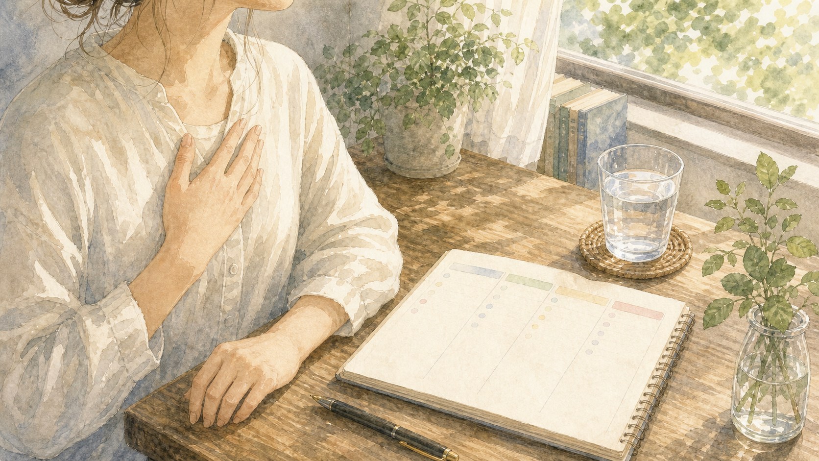 ノートと水を置いた机で体の反応を確かめる水彩イラスト