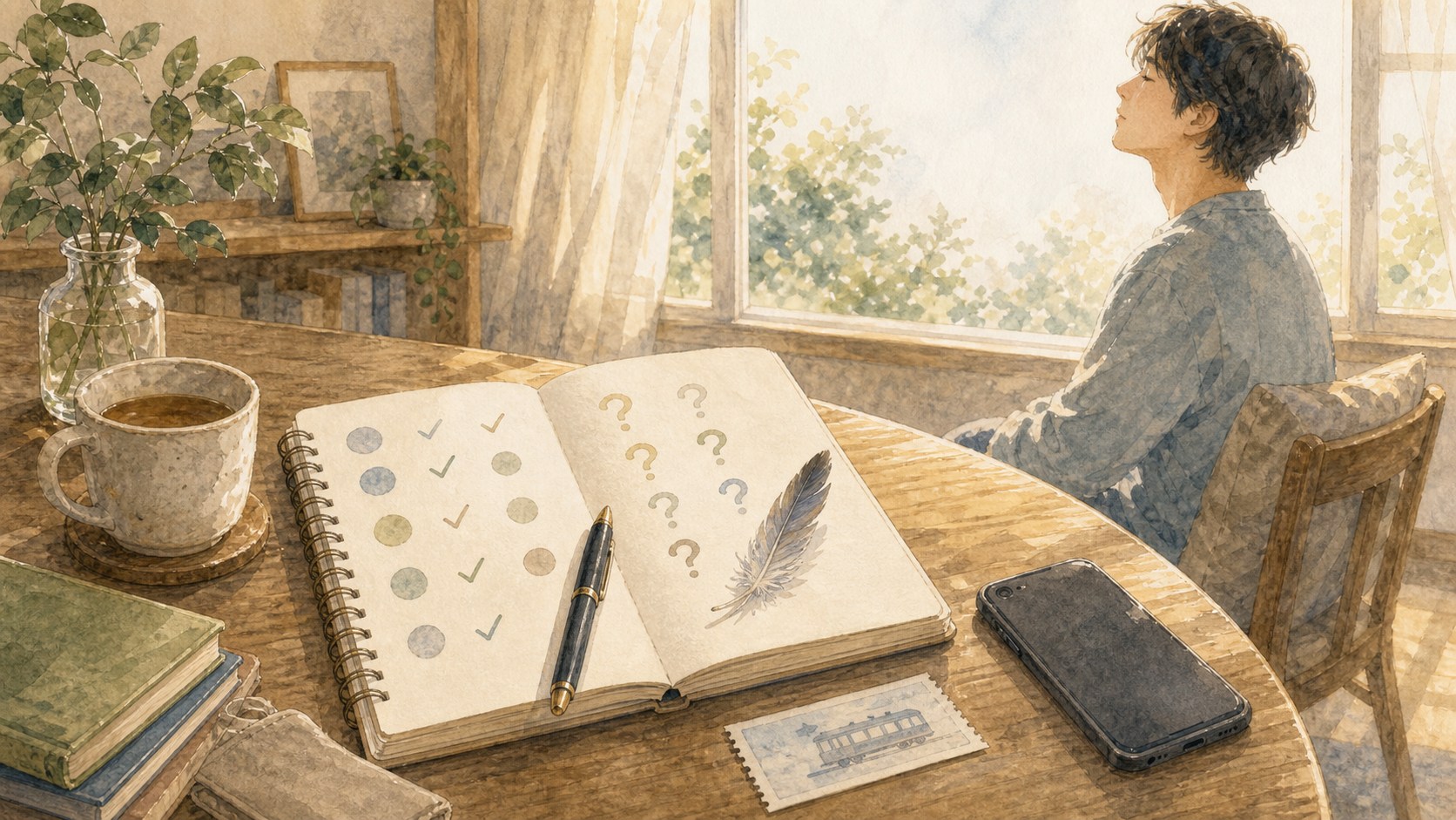小さな出来事をノートに整理してサインを探しすぎないようにする水彩イラスト