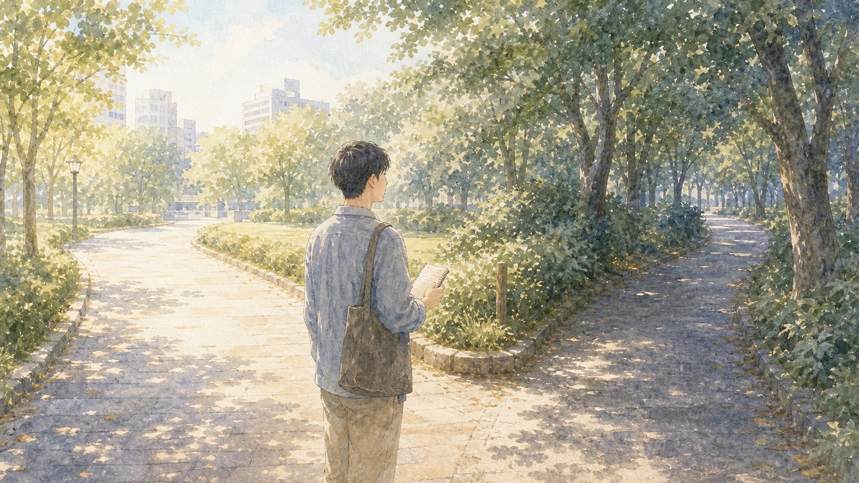 分かれ道の前で大切な選択を考える男性の水彩イラスト