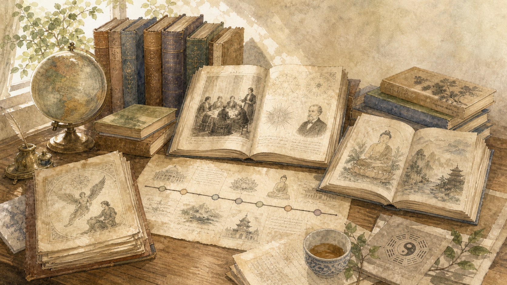 神智学と東洋思想の資料を古書とノートで調べる水彩イラスト