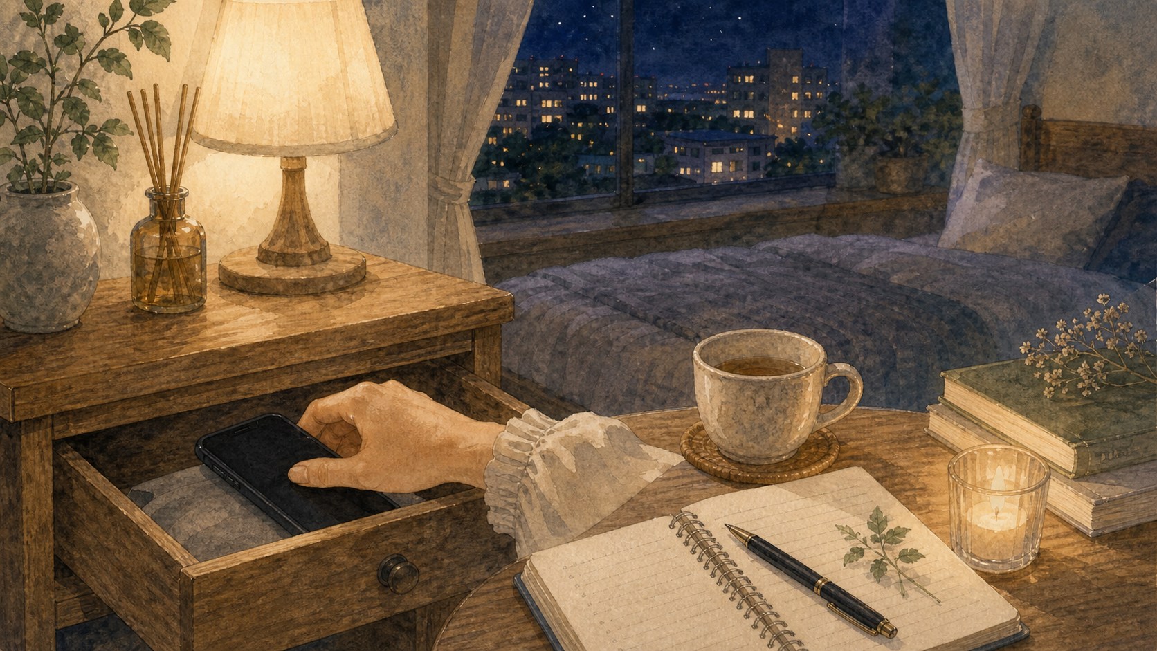 夜の部屋でスマホをしまい情報の刺激を止める水彩イラスト