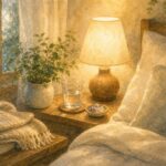 温かな明かりと植物がある休息のための寝室