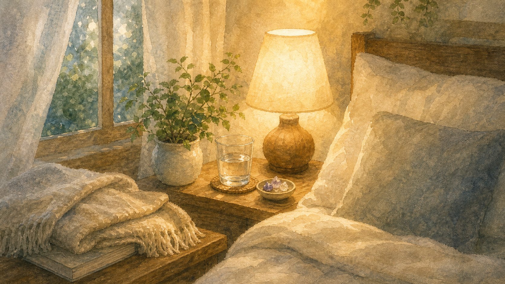 温かな明かりと植物がある休息のための寝室