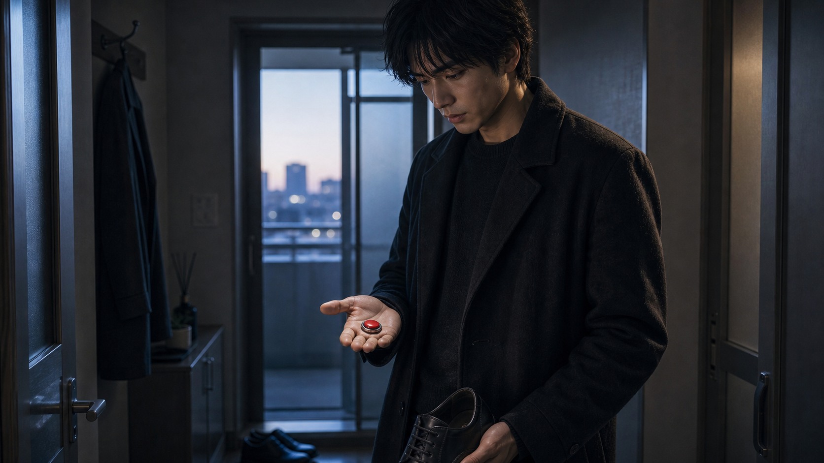 朝の玄関で赤い押しボタンスイッチを手にする男性の写真