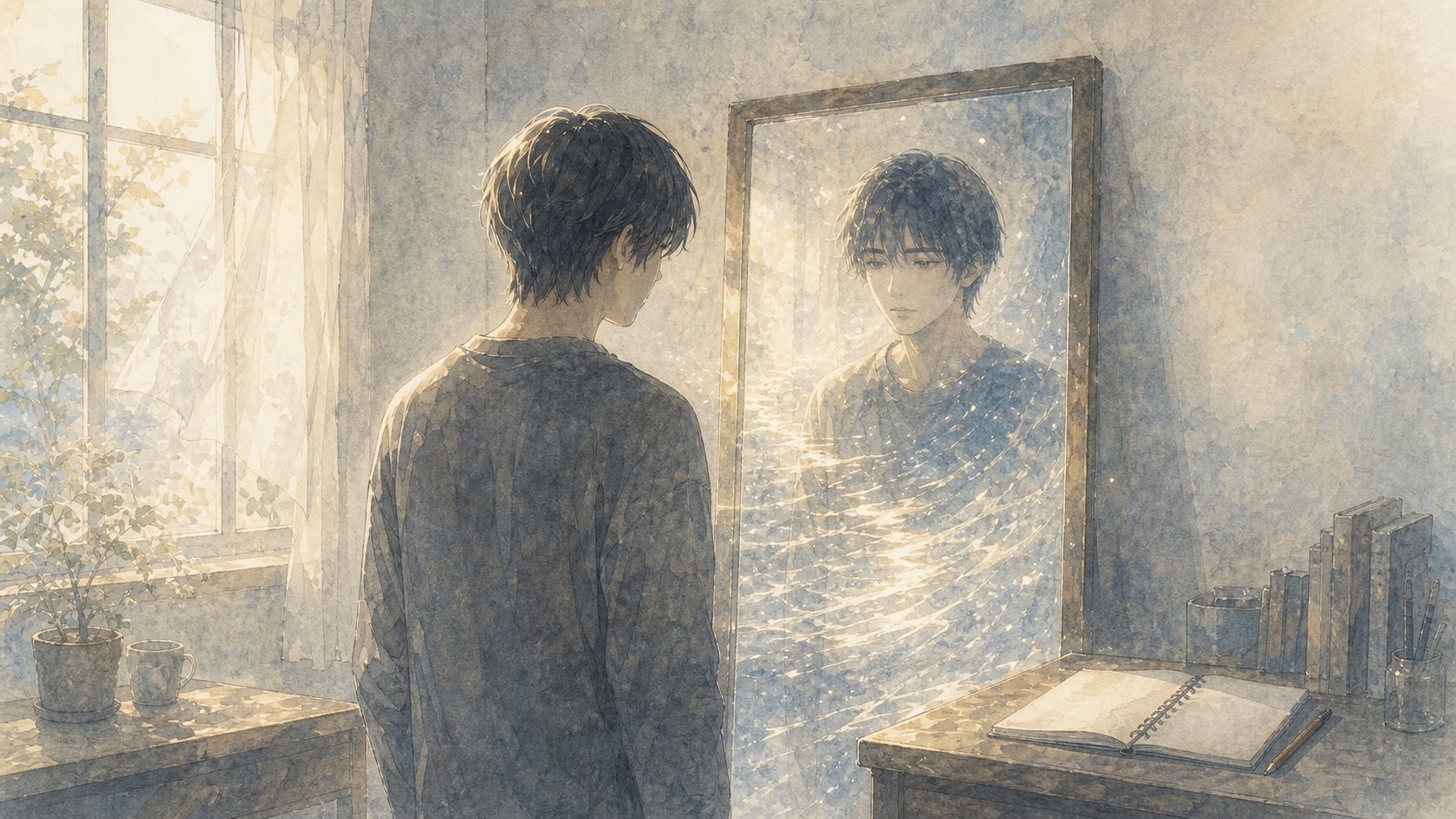 朝の部屋で鏡を見つめる男性の水彩風イラスト