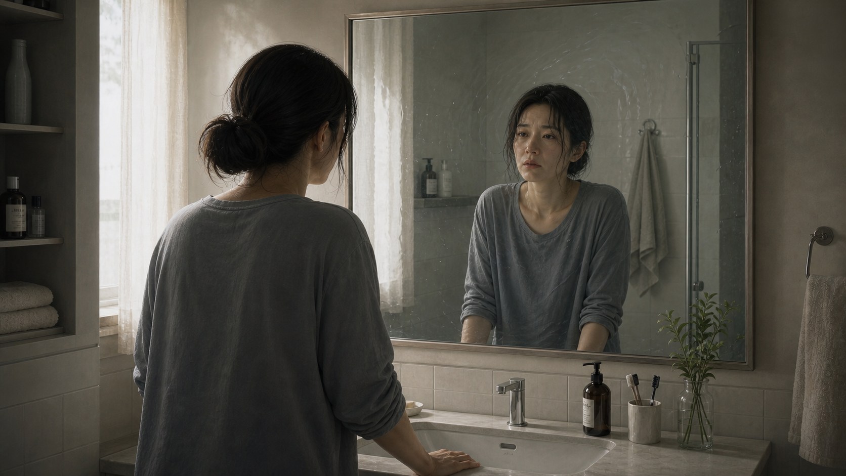 洗面所の鏡に映る自分を見つめる女性の静かなイラスト