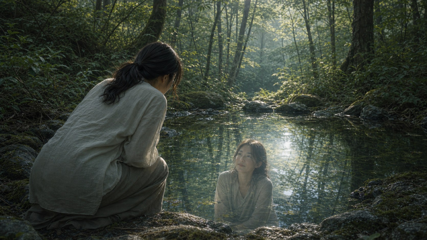 明るい森の池に映る自分と向き合う女性の静かなイラスト