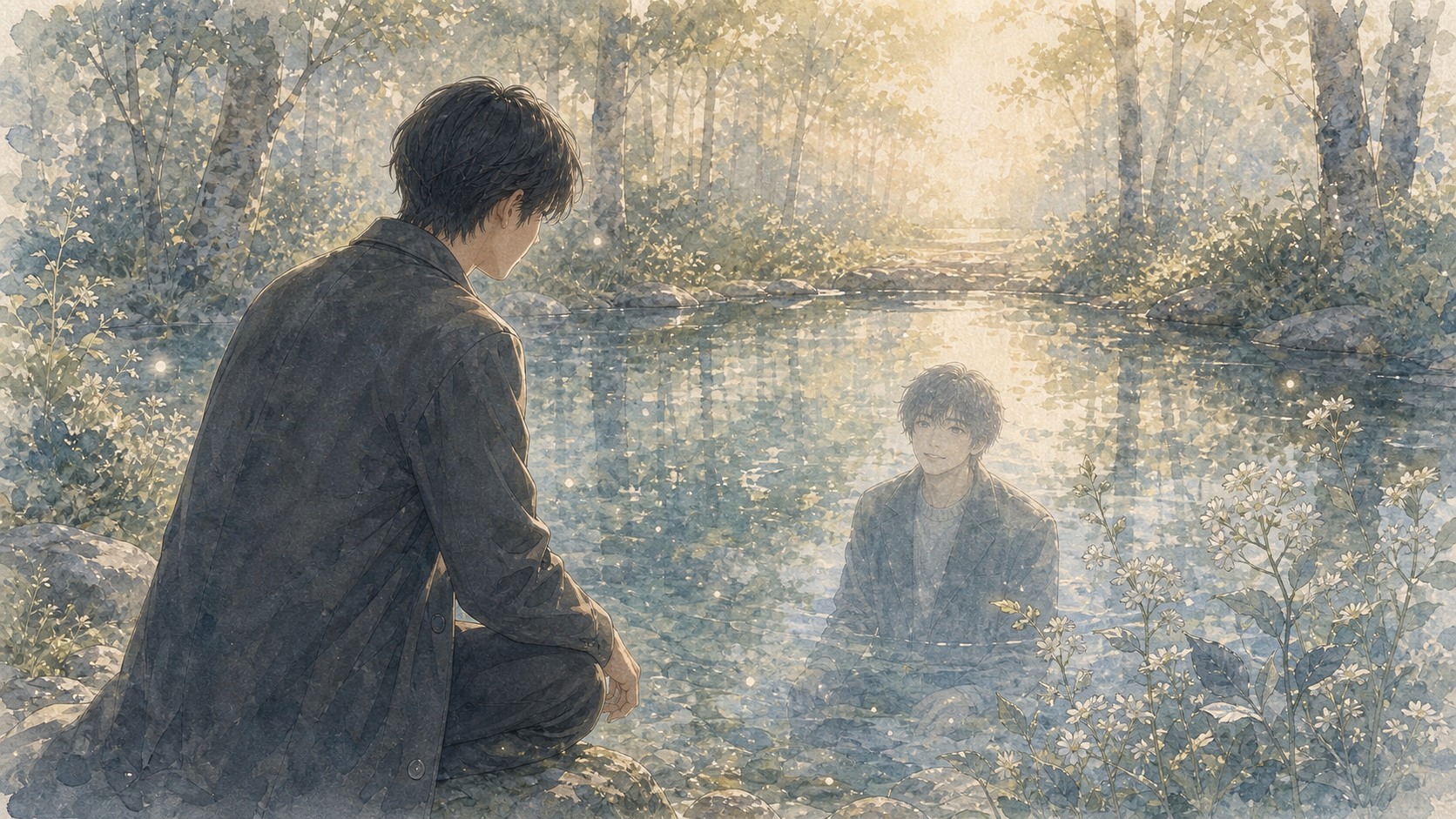 森の池で水面に映るもうひとりの自分と向き合う男性の水彩風イラスト
