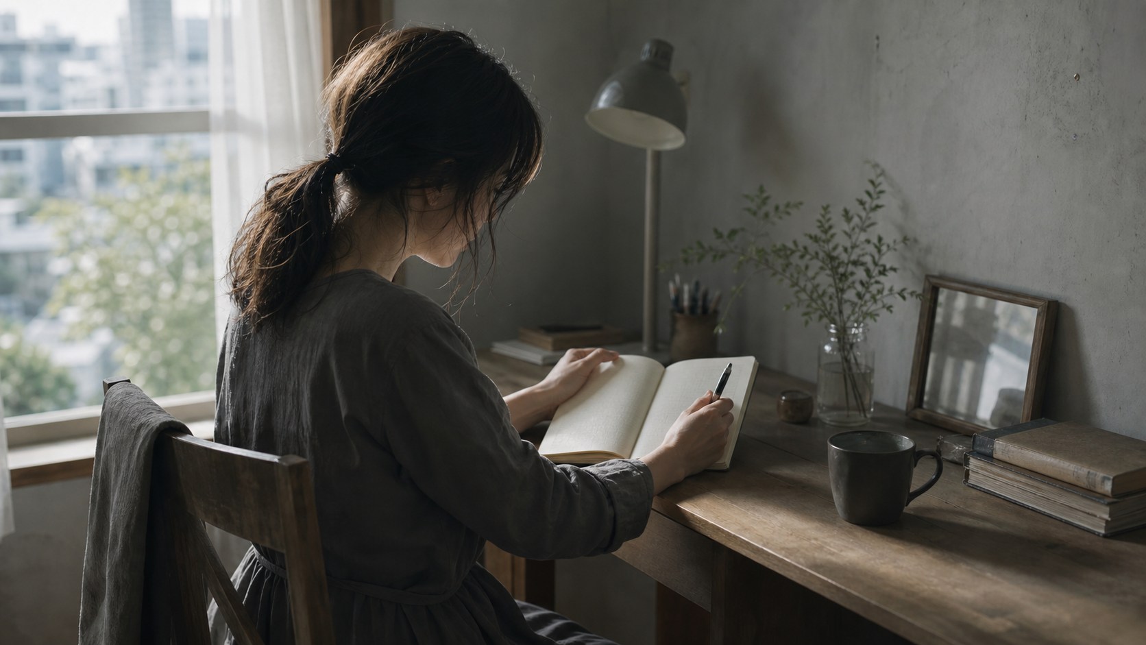 朝の机でノートに向かう女性の静かなイラスト