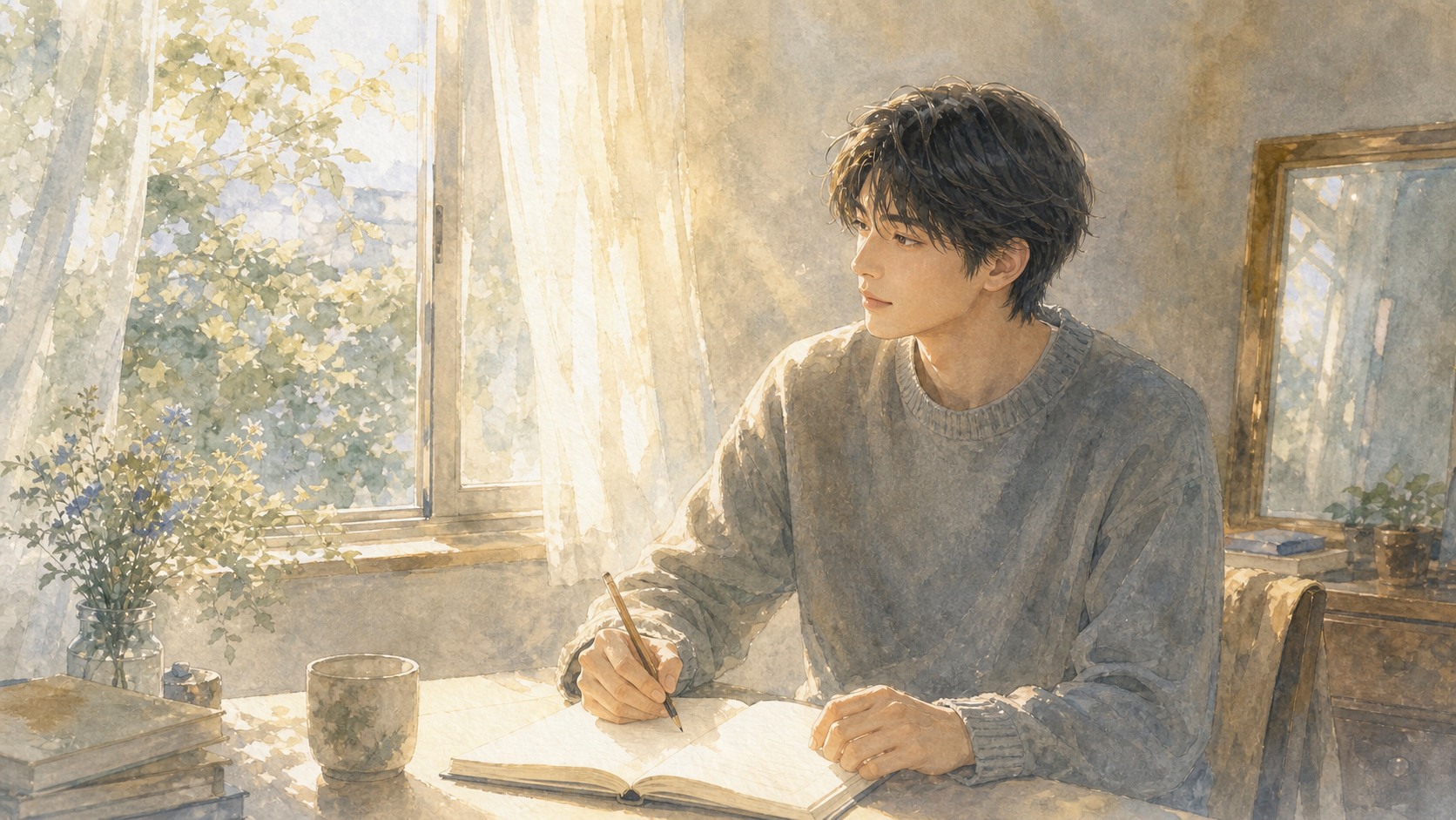 朝の光の中でノートに向かう男性の水彩風イラスト