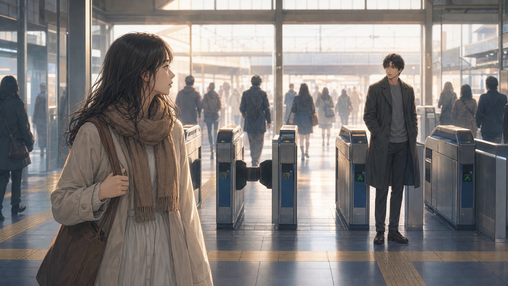 駅の改札で見つめ合う男女の挿絵