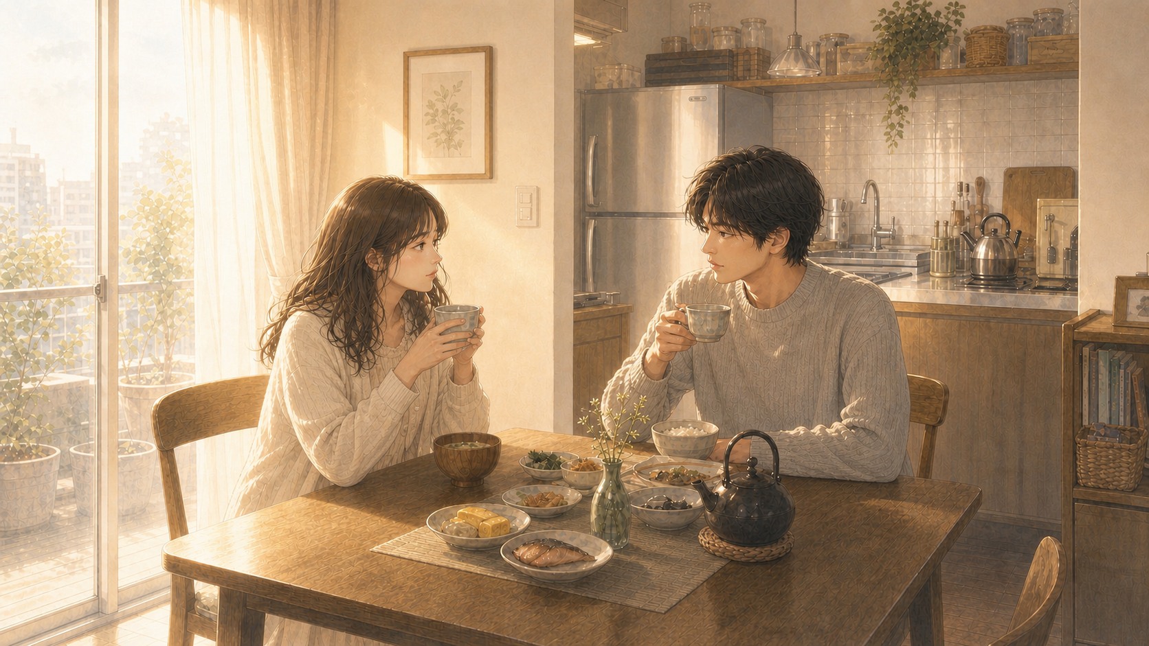 夢の中の朝の台所で向かい合う男女の挿絵