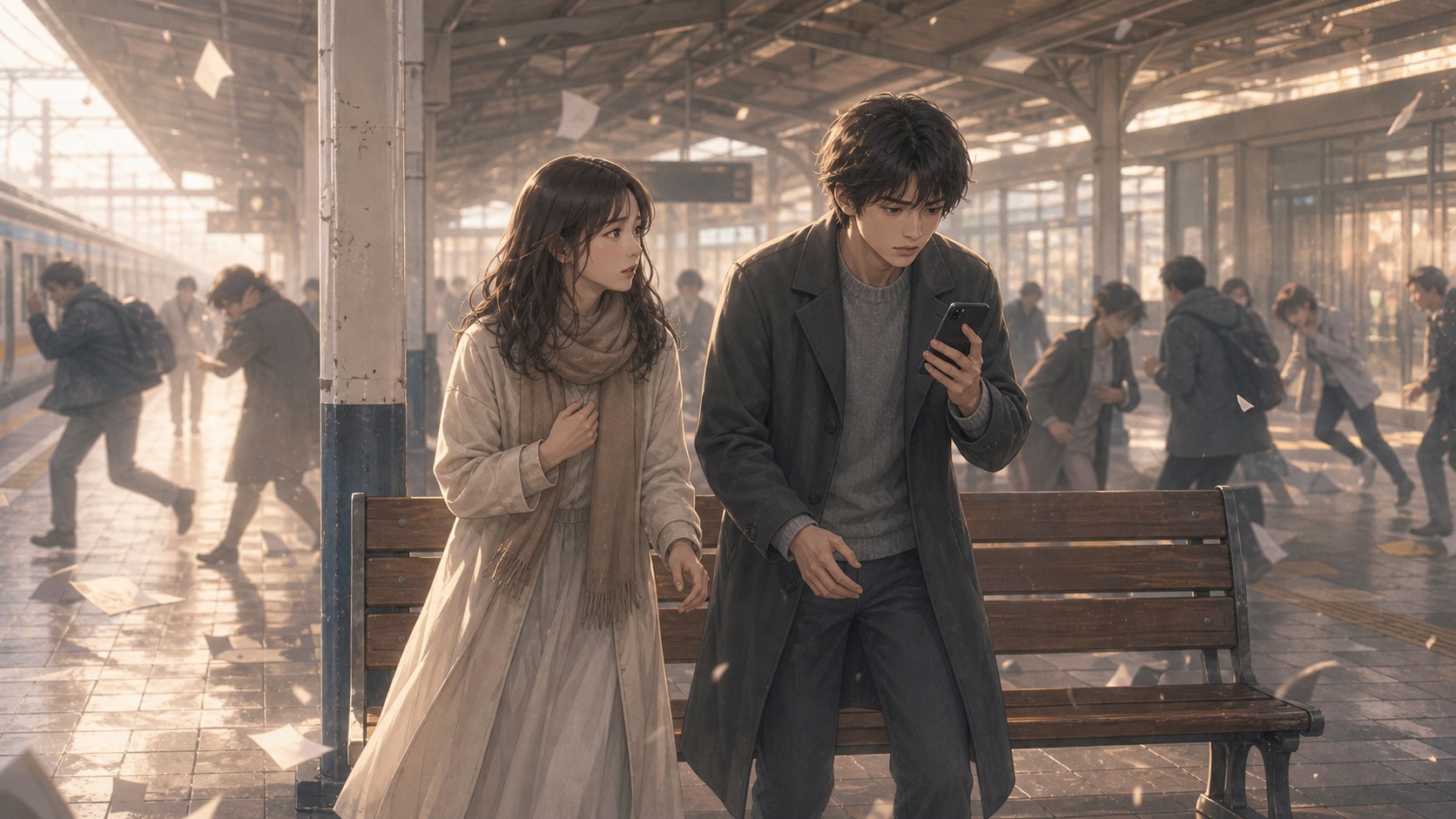 地震直後の駅でスマホを見つめる男女の挿絵