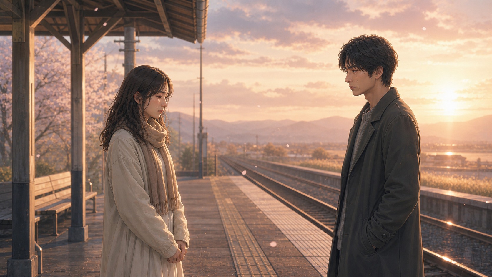 夕暮れの駅で静かに別れる男女の挿絵